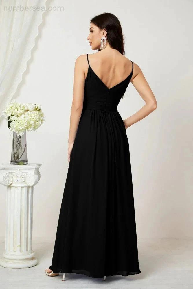 Numbersea Chiffon V-Neck Bridesmaid Dress Spaghetti Strap Long Formal Party Prom Gowns with Slit 28010 by numbersea