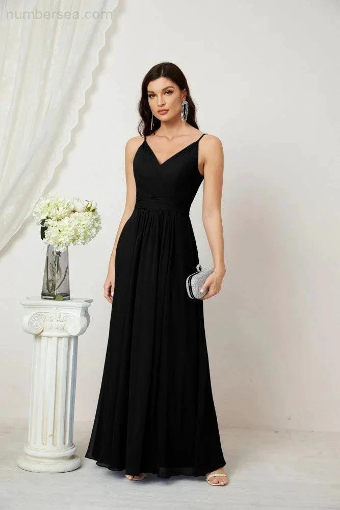 Numbersea Chiffon V-Neck Bridesmaid Dress Spaghetti Strap Long Formal Party Prom Gowns with Slit 28010 by numbersea