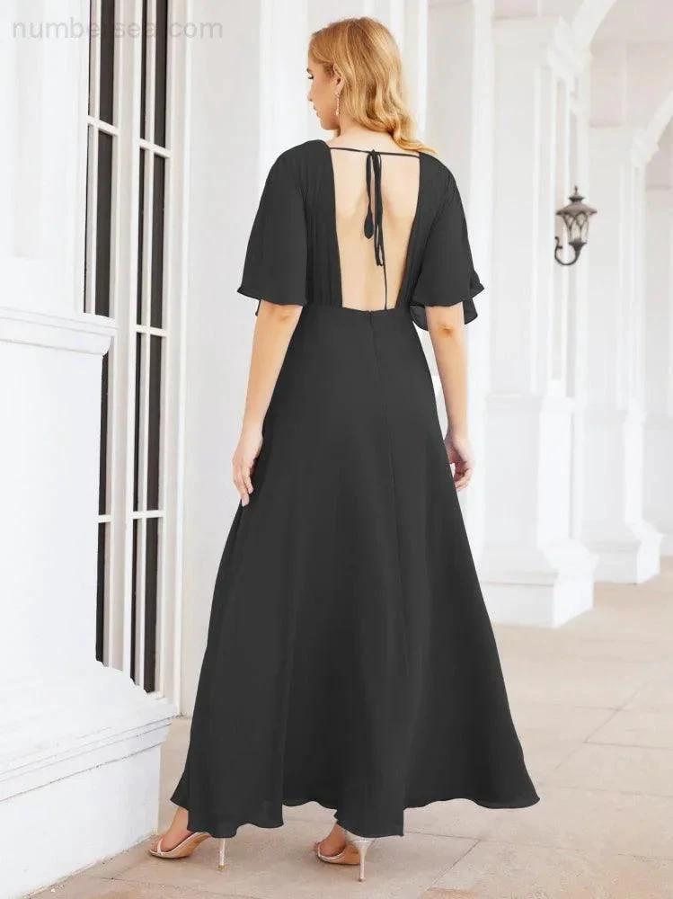 Numbersea V-Neck Bridesmaid Dress Chiffon Long Open Back Formal Dresses for Women Party Evening 28067 by numbersea