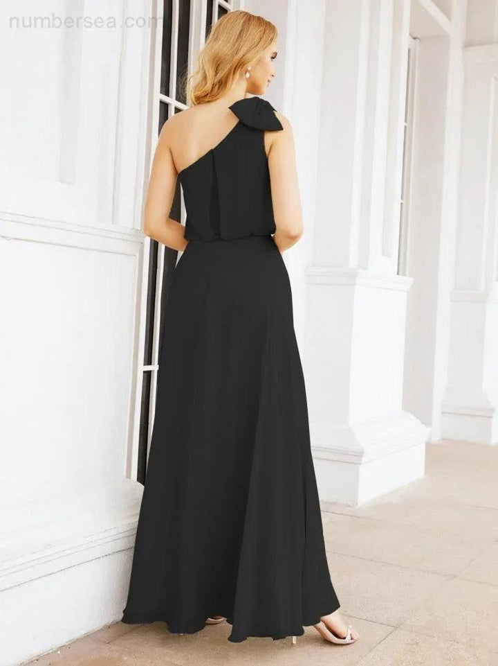 Numbersea Chiffon Ruffled One Shoulder Sleeveless Long Bride Dresses A-line Formal Evening Gown Side Split 28057 by numbersea