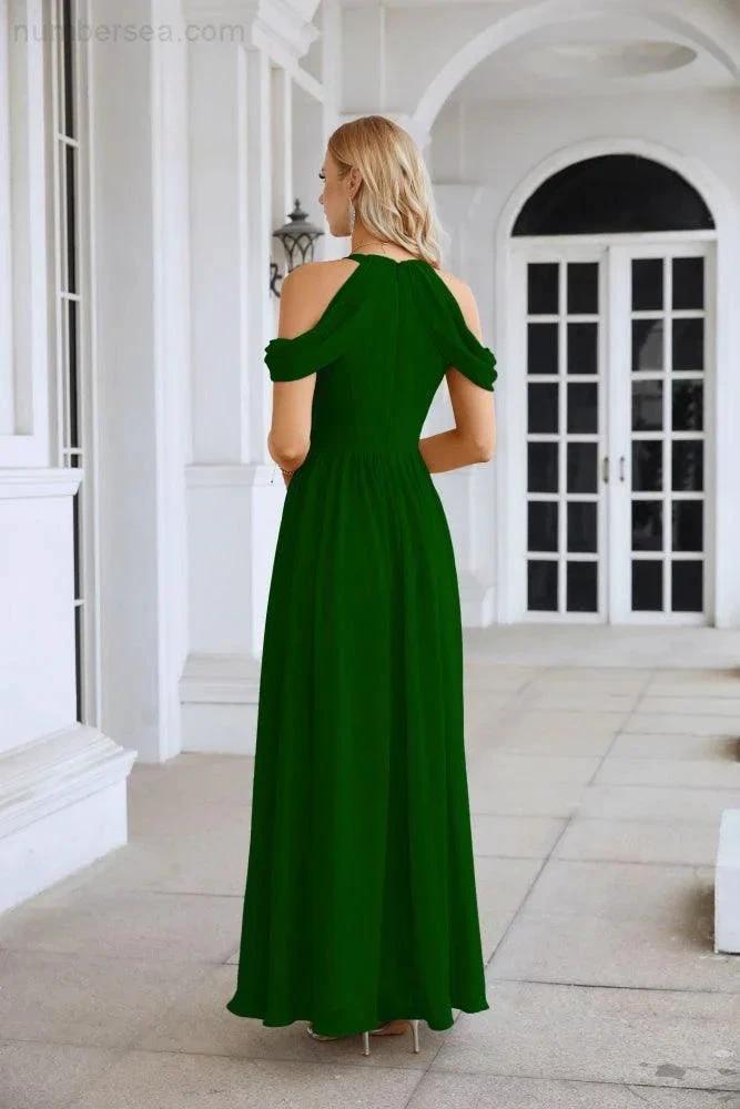 Ladies Chiffon Off Shoulder Swing Sleeve Front Slit Bridesmaid Evening Dress Wedding Party Evening Dress 28117 by numbersea