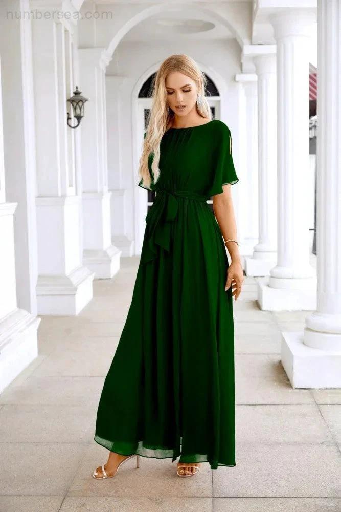 Ladies Chiffon Sleeve Crew Neck Front Slit Floor Length Bridesmaid Evening Dress Wedding Party Evening Dress 28124 by numbersea