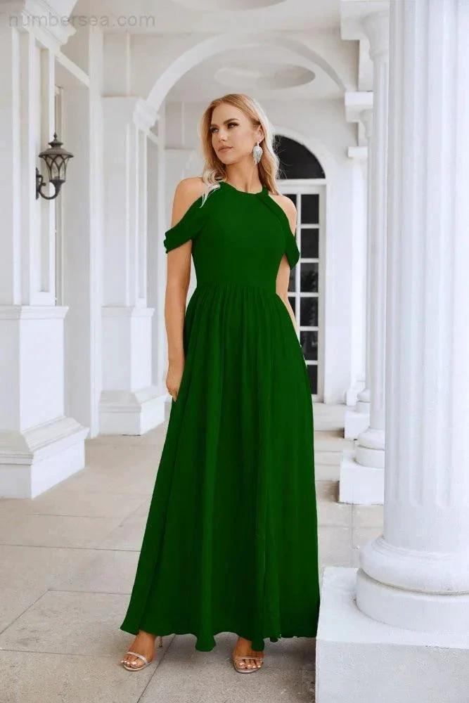 Ladies Chiffon Off Shoulder Swing Sleeve Front Slit Bridesmaid Evening Dress Wedding Party Evening Dress 28117 by numbersea