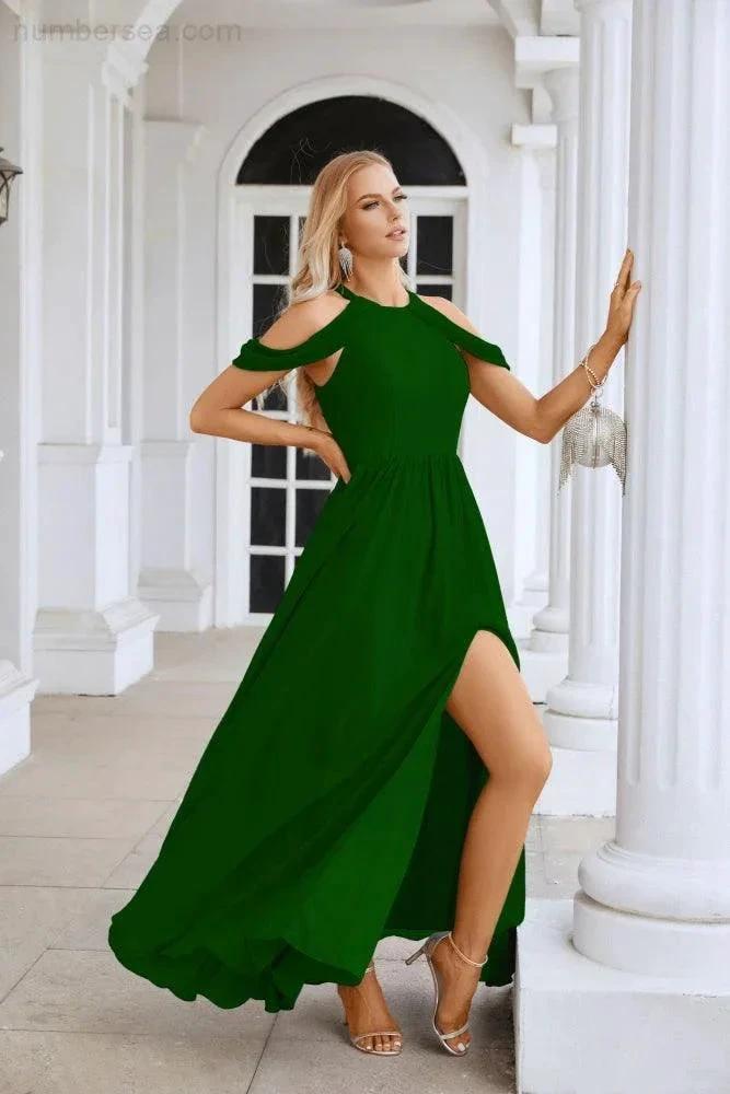Ladies Chiffon Off Shoulder Swing Sleeve Front Slit Bridesmaid Evening Dress Wedding Party Evening Dress 28117 by numbersea