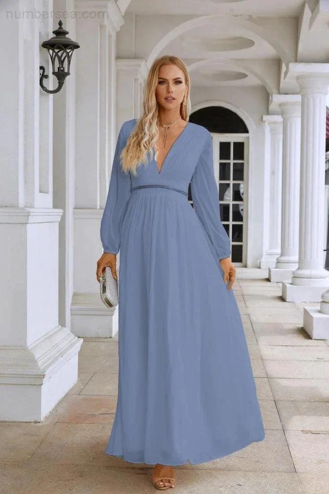Ladies V Neck Chiffon Long Sleeve Front Slit Bridesmaid Evening Dress Wedding Party Shopping Evening Dress 28109 by numbersea