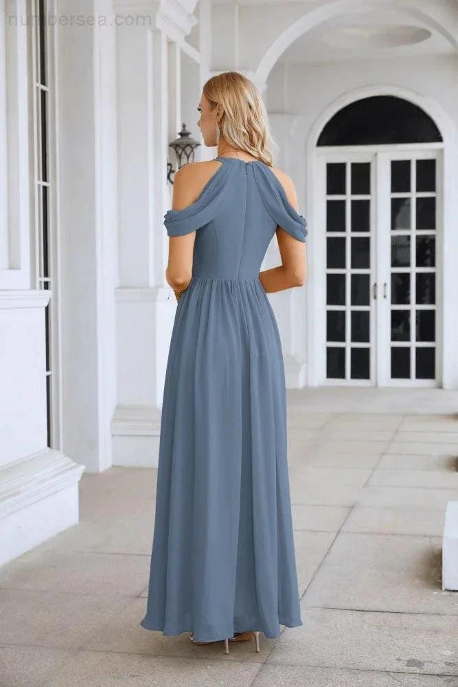Ladies Chiffon Off Shoulder Swing Sleeve Front Slit Bridesmaid Evening Dress Wedding Party Evening Dress 28117 by numbersea