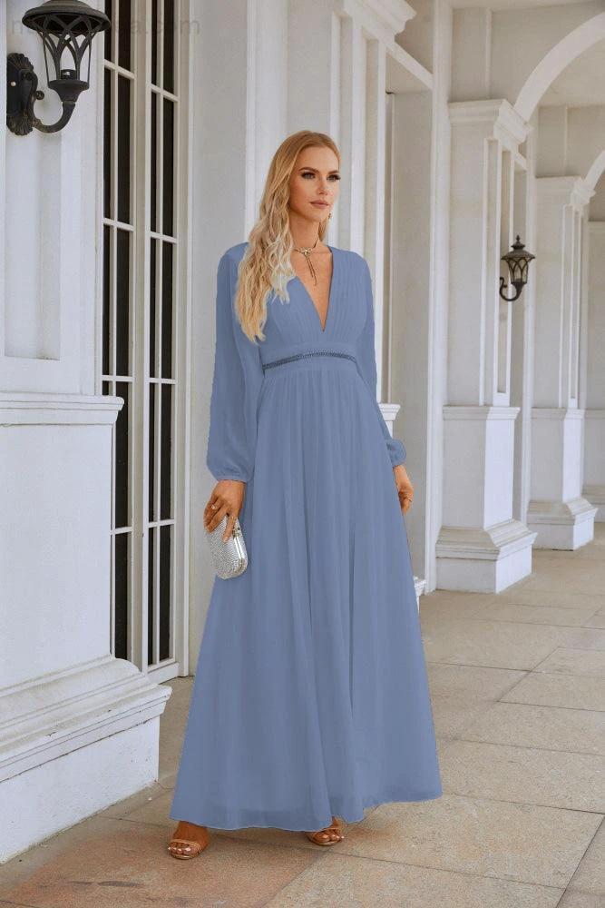 Ladies V Neck Chiffon Long Sleeve Front Slit Bridesmaid Evening Dress Wedding Party Shopping Evening Dress 28109 by numbersea