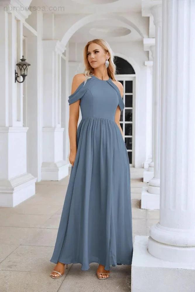 Ladies Chiffon Off Shoulder Swing Sleeve Front Slit Bridesmaid Evening Dress Wedding Party Evening Dress 28117 by numbersea