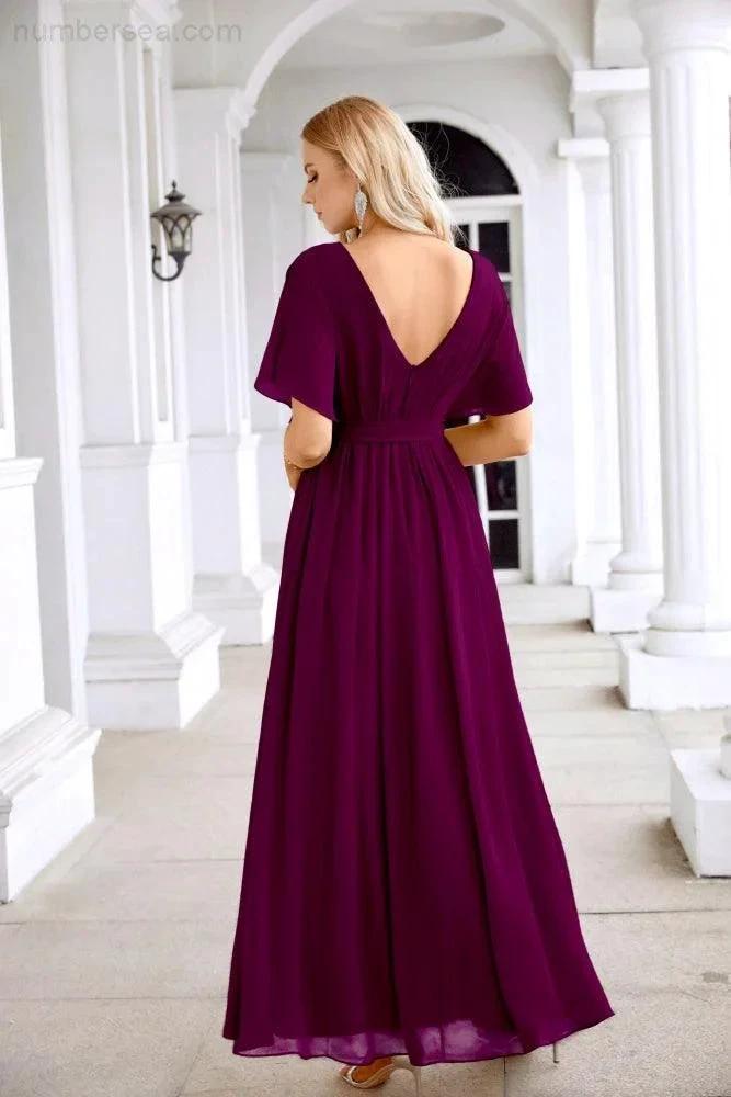 Ladies Chiffon Sleeve Crew Neck Front Slit Floor Length Bridesmaid Evening Dress Wedding Party Evening Dress 28124 by numbersea