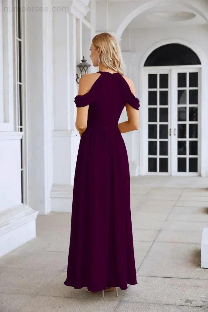 Ladies Chiffon Off Shoulder Swing Sleeve Front Slit Bridesmaid Evening Dress Wedding Party Evening Dress 28117 by numbersea