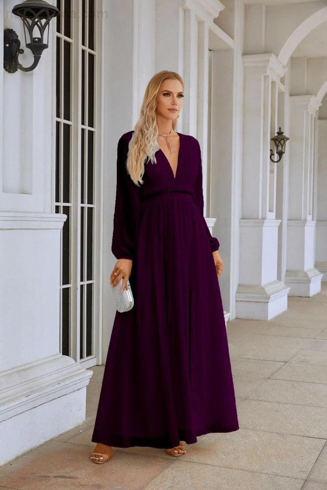 Ladies V Neck Chiffon Long Sleeve Front Slit Bridesmaid Evening Dress Wedding Party Shopping Evening Dress 28109 by numbersea