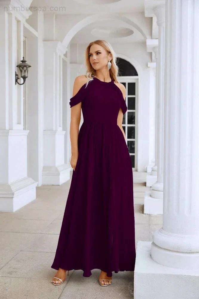 Ladies Chiffon Off Shoulder Swing Sleeve Front Slit Bridesmaid Evening Dress Wedding Party Evening Dress 28117 by numbersea