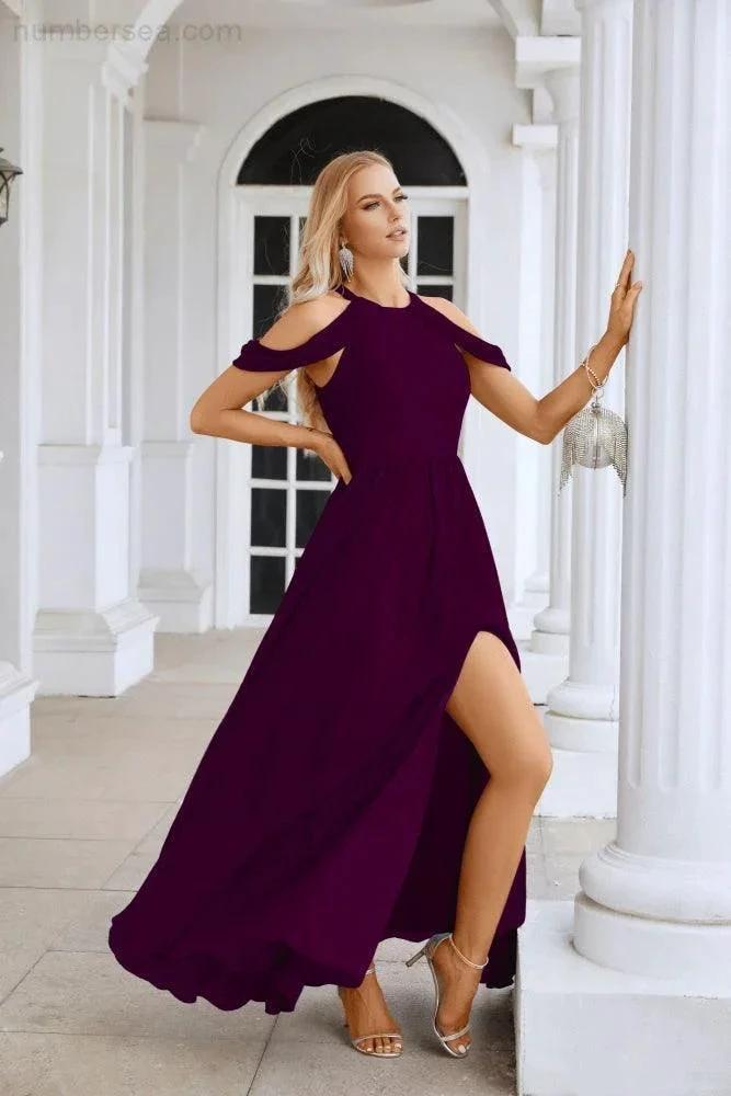 Ladies Chiffon Off Shoulder Swing Sleeve Front Slit Bridesmaid Evening Dress Wedding Party Evening Dress 28117 by numbersea