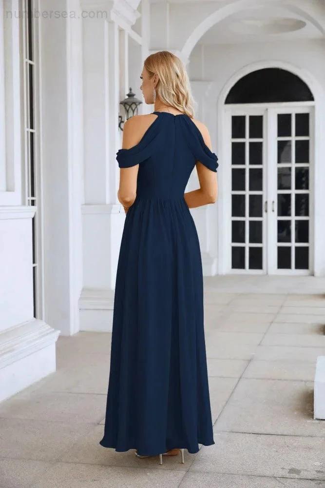Ladies Chiffon Off Shoulder Swing Sleeve Front Slit Bridesmaid Evening Dress Wedding Party Evening Dress 28117 by numbersea