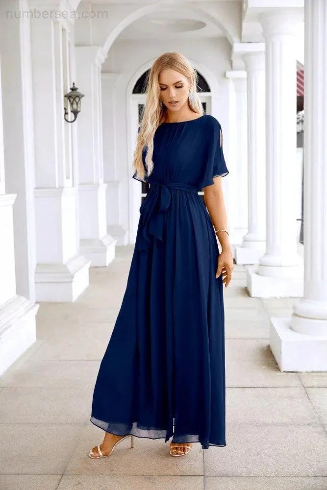 Ladies Chiffon Sleeve Crew Neck Front Slit Floor Length Bridesmaid Evening Dress Wedding Party Evening Dress 28124 by numbersea