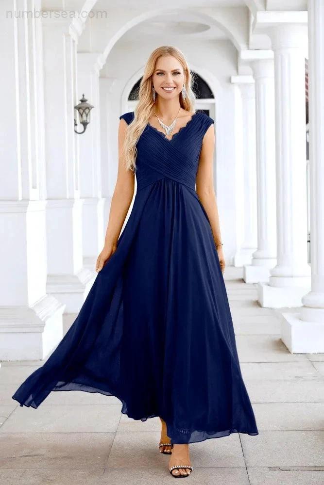 Ladies Chiffon V Neck Sleeveless Floor Length Bridesmaid Evening Dress Wedding Party Evening Dress 28126 by numbersea