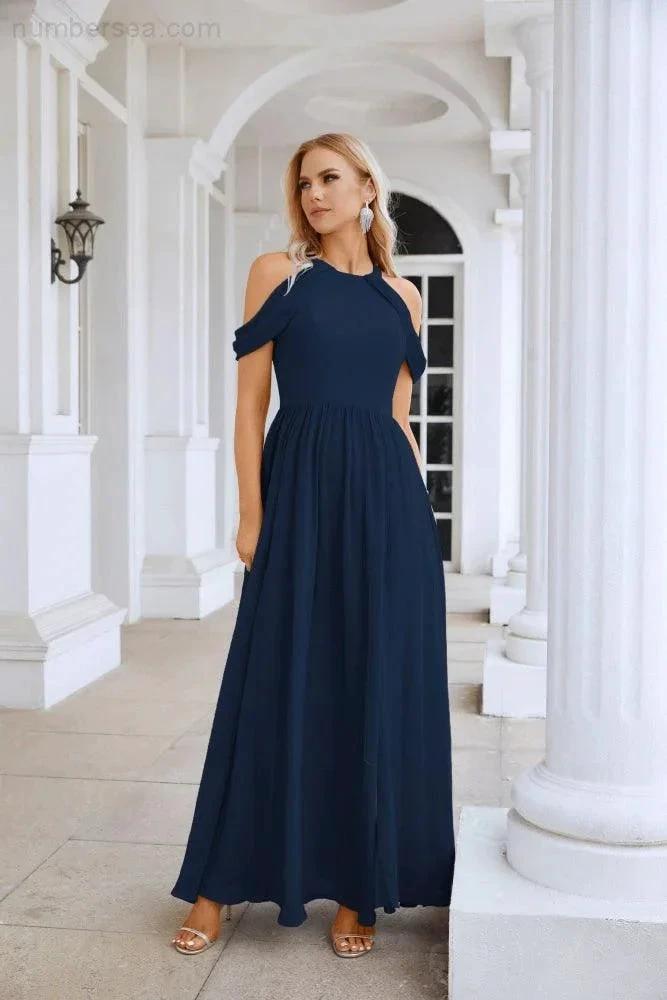 Ladies Chiffon Off Shoulder Swing Sleeve Front Slit Bridesmaid Evening Dress Wedding Party Evening Dress 28117 by numbersea