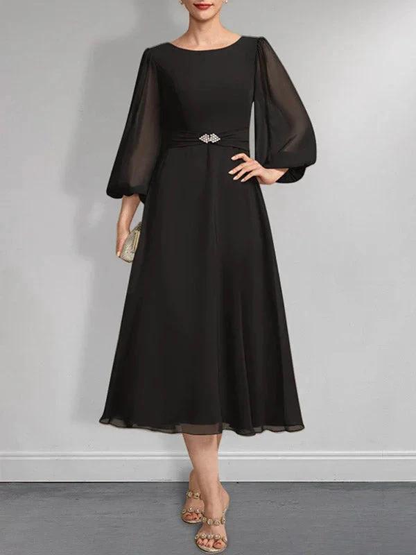 A-line Scoop Tea-Length Chiffon Mother of the Bride Dress With Crystal Brooch Pleated by Dreamylily