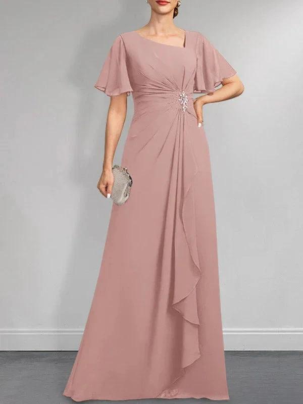 A-line Asymmetrical Floor-Length Chiffon Mother of the Bride Dress With Pleated Beading Sequins by Dreamylily