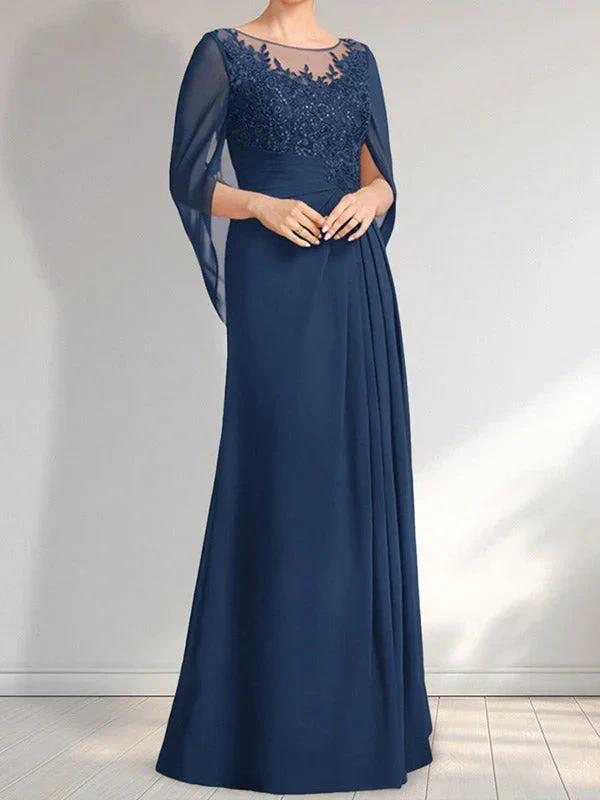 A-line Scoop Illusion Floor-Length Lace Chiffon Mother of the Bride Dress With Pleated Sequins by Dreamylily