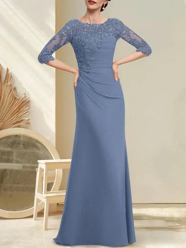 A-line Scoop Floor-Length Chiffon Lace Mother of the Bride Dress With Beading Pleated Sequins by Dreamylily
