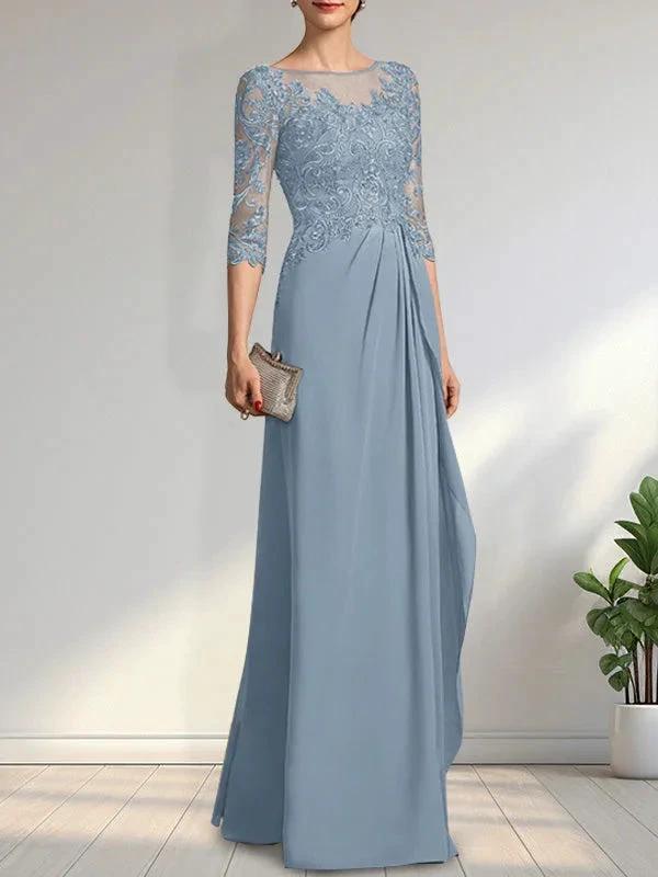 A-line Scoop Illusion Floor-Length Chiffon Lace Mother of the Bride Dress With Beading Sequins Cascading Ruffles by Dreamylily