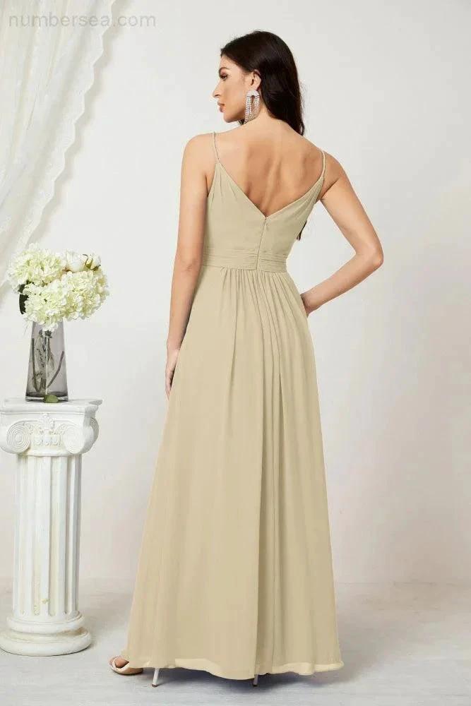 Numbersea Chiffon V-Neck Bridesmaid Dress Spaghetti Strap Long Formal Party Prom Gowns with Slit 28010 by numbersea