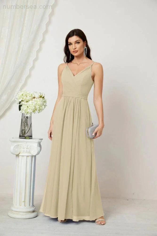 Numbersea Chiffon V-Neck Bridesmaid Dress Spaghetti Strap Long Formal Party Prom Gowns with Slit 28010 by numbersea