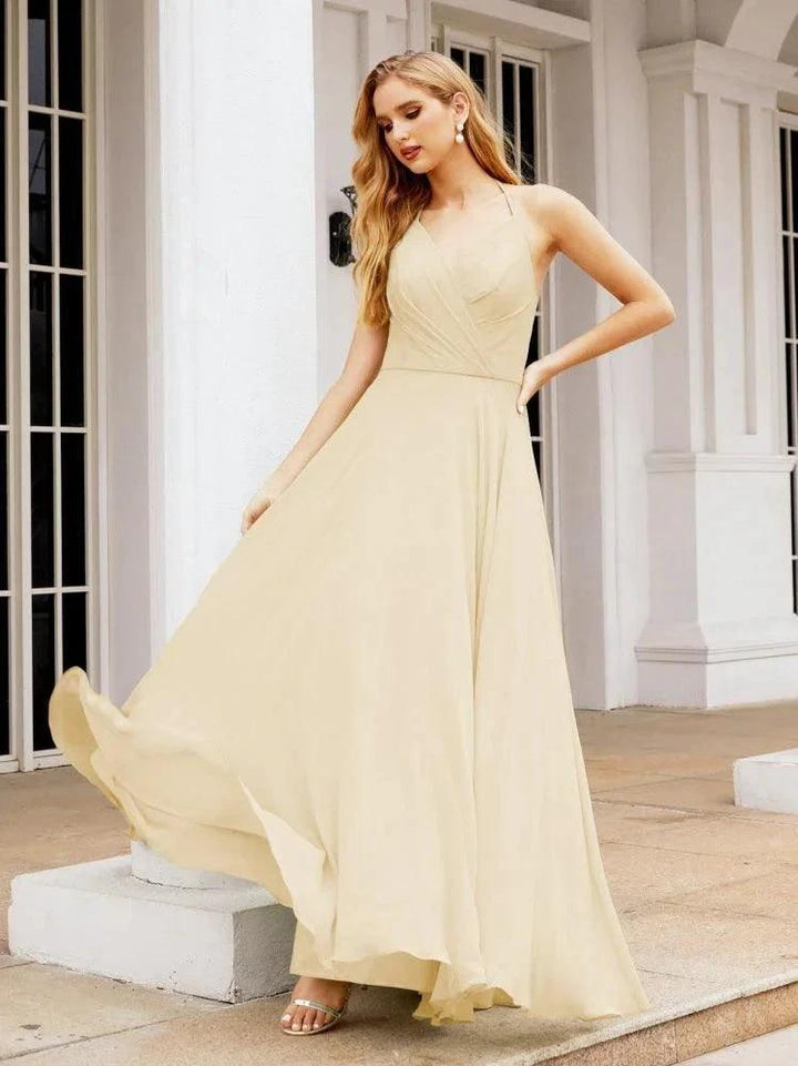 Numbersea Halter Chiffon Bridesmaid Dresses Wedding Appare Sleeveless Formal Prom Dress with Ruffled Back 28035 by numbersea