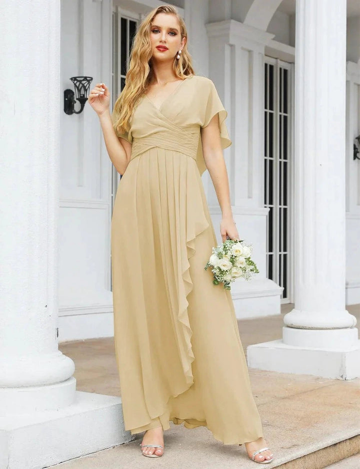 Numbersea Chiffon Bridesmaid Dresses Long Formal Evening Prom Mother of The Bride Dress with Flutter Sleeve SEA28040 by numbersea