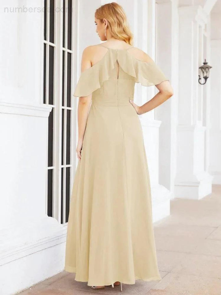 Numbersea Cold Shoulder Long Bridesmaid Dresses Side Slit Formal Prom Gowns Party Wedding 28070 by numbersea