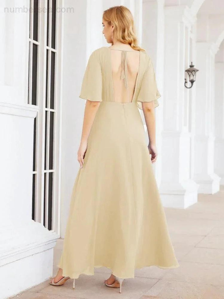 Numbersea V-Neck Bridesmaid Dress Chiffon Long Open Back Formal Dresses for Women Party Evening 28067 by numbersea