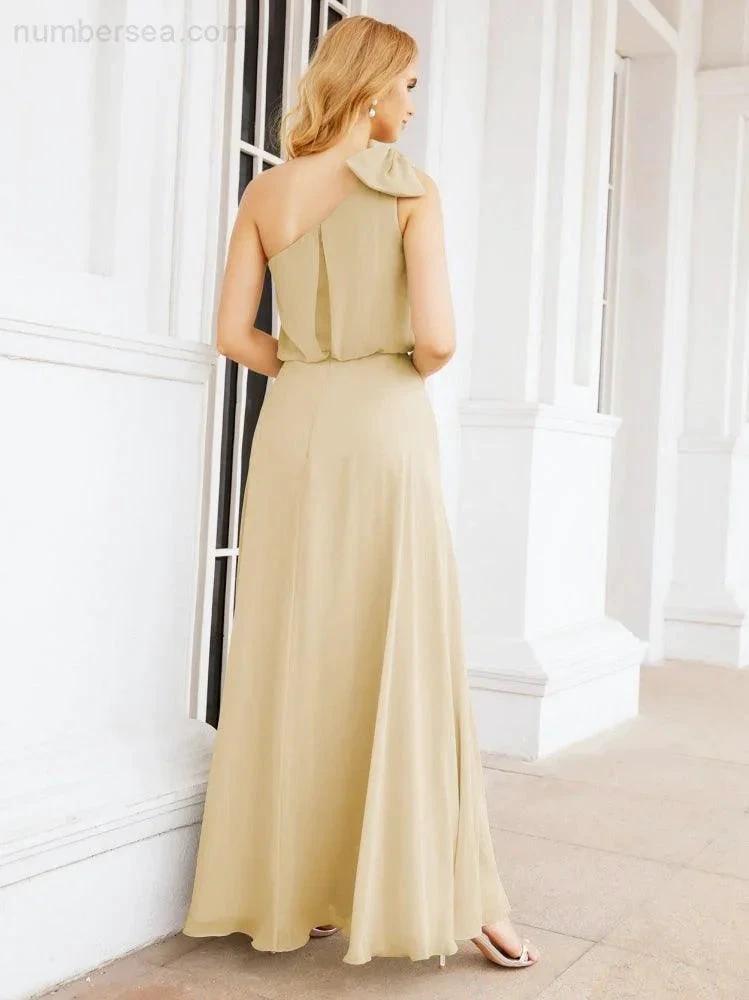 Numbersea Chiffon Ruffled One Shoulder Sleeveless Long Bride Dresses A-line Formal Evening Gown Side Split 28057 by numbersea