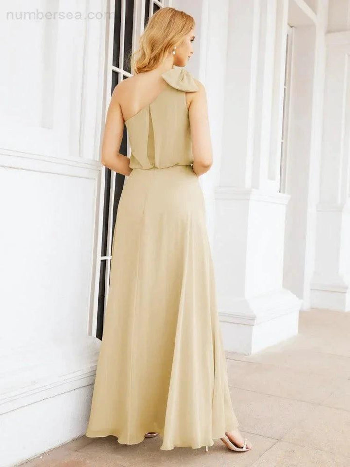 Numbersea Chiffon Ruffled One Shoulder Sleeveless Long Bride Dresses A-line Formal Evening Gown Side Split 28057 by numbersea