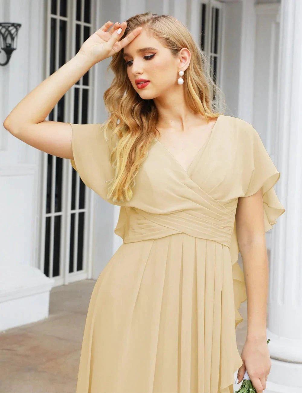 Numbersea Chiffon Bridesmaid Dresses Long Formal Evening Prom Mother of The Bride Dress with Flutter Sleeve SEA28040 by numbersea