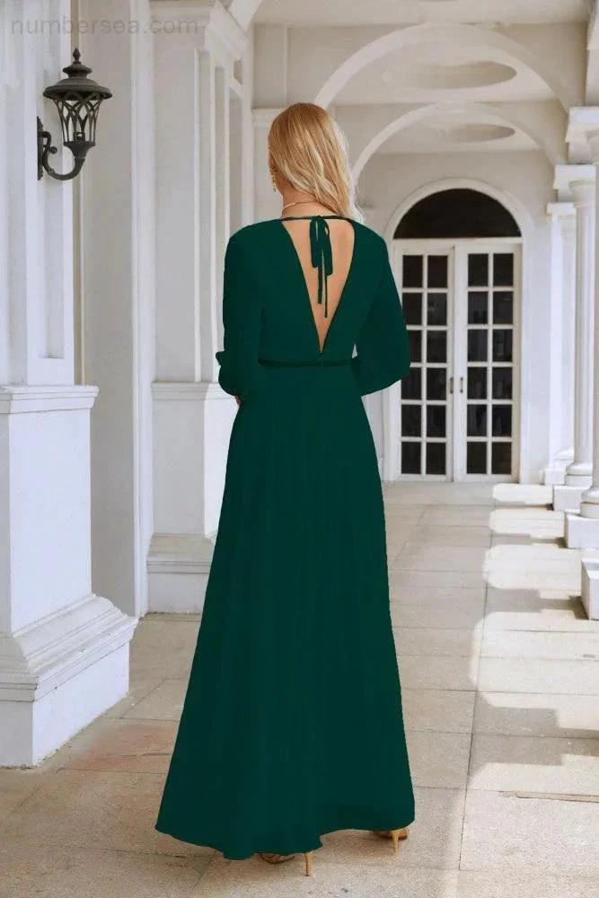 Ladies V Neck Chiffon Long Sleeve Front Slit Bridesmaid Evening Dress Wedding Party Shopping Evening Dress 28109 by numbersea