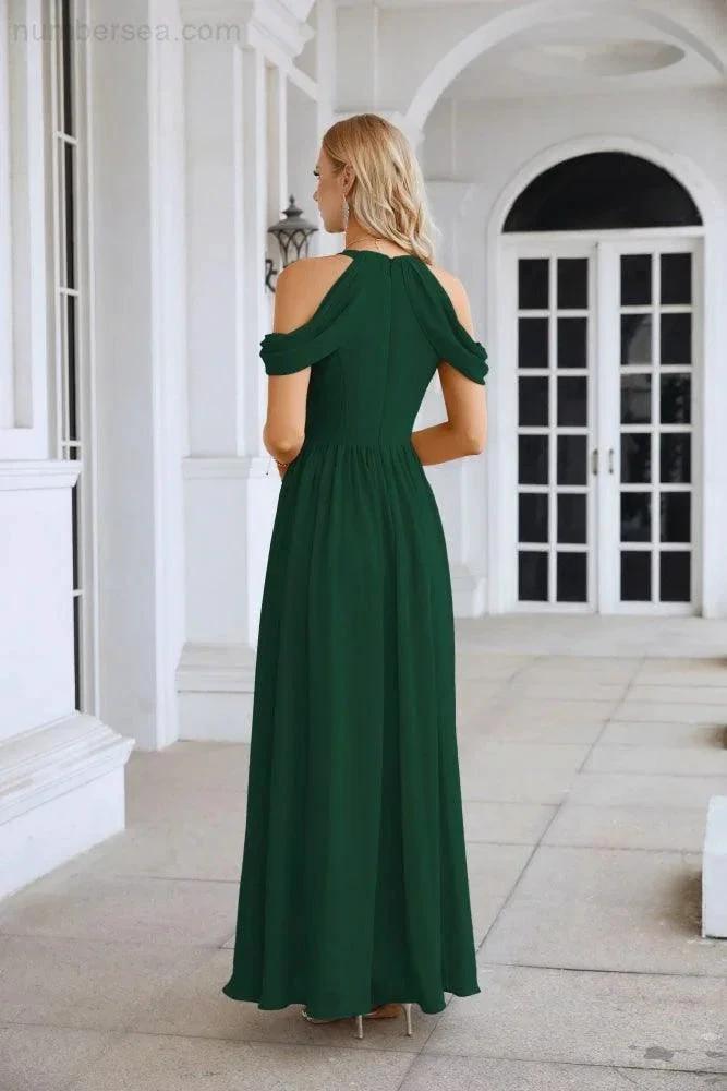 Ladies Chiffon Off Shoulder Swing Sleeve Front Slit Bridesmaid Evening Dress Wedding Party Evening Dress 28117 by numbersea