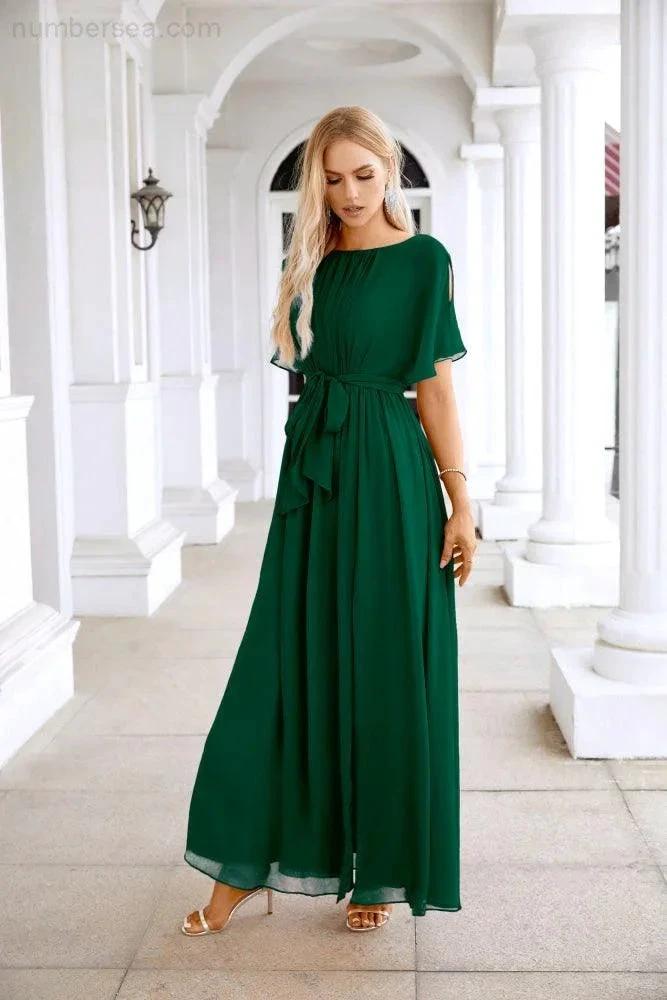 Ladies Chiffon Sleeve Crew Neck Front Slit Floor Length Bridesmaid Evening Dress Wedding Party Evening Dress 28124 by numbersea