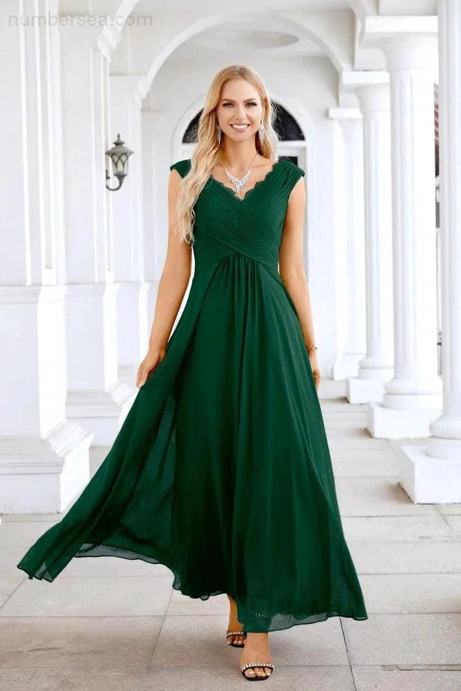 Ladies Chiffon V Neck Sleeveless Floor Length Bridesmaid Evening Dress Wedding Party Evening Dress 28126 by numbersea