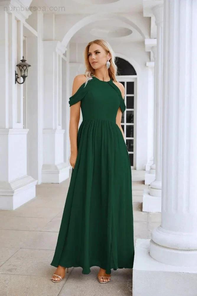 Ladies Chiffon Off Shoulder Swing Sleeve Front Slit Bridesmaid Evening Dress Wedding Party Evening Dress 28117 by numbersea