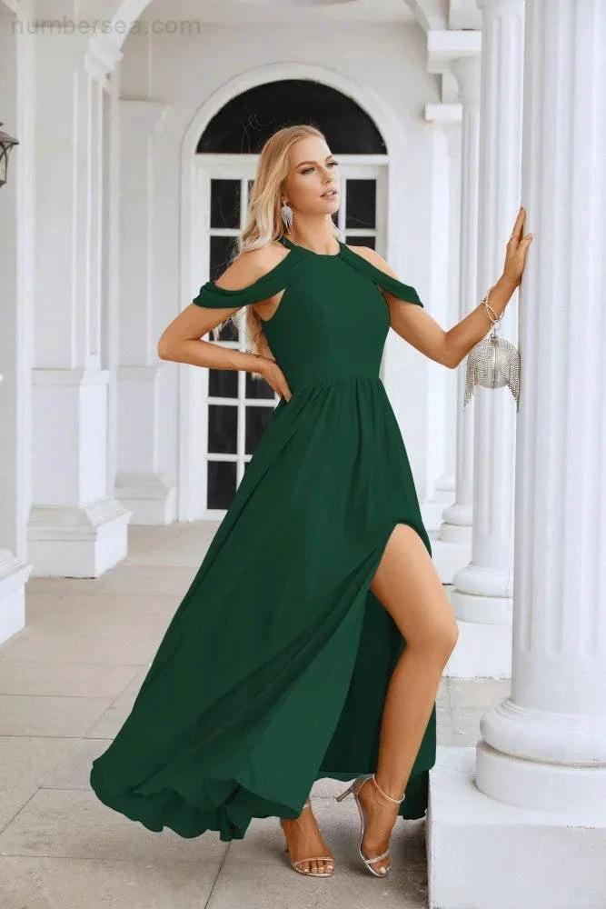 Ladies Chiffon Off Shoulder Swing Sleeve Front Slit Bridesmaid Evening Dress Wedding Party Evening Dress 28117 by numbersea