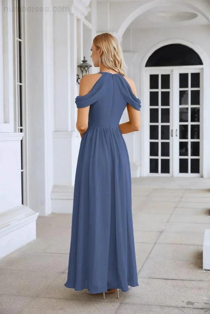 Ladies Chiffon Off Shoulder Swing Sleeve Front Slit Bridesmaid Evening Dress Wedding Party Evening Dress 28117 by numbersea