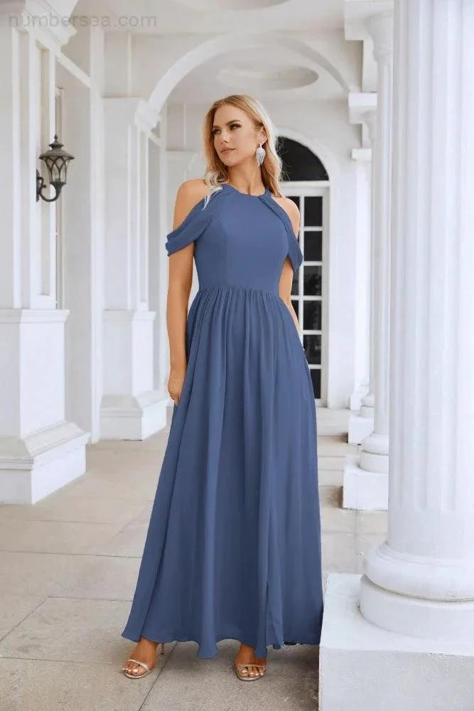 Ladies Chiffon Off Shoulder Swing Sleeve Front Slit Bridesmaid Evening Dress Wedding Party Evening Dress 28117 by numbersea