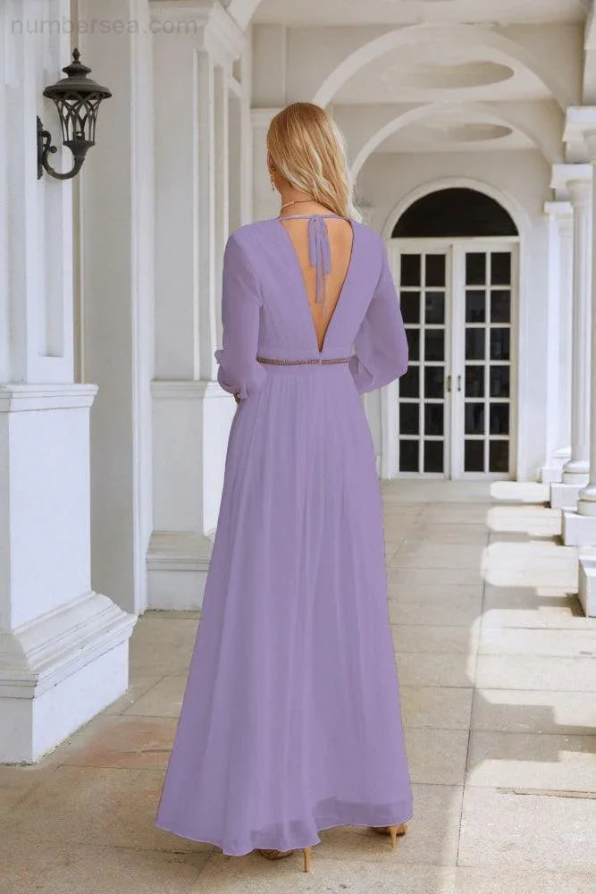 Ladies V Neck Chiffon Long Sleeve Front Slit Bridesmaid Evening Dress Wedding Party Shopping Evening Dress 28109 by numbersea