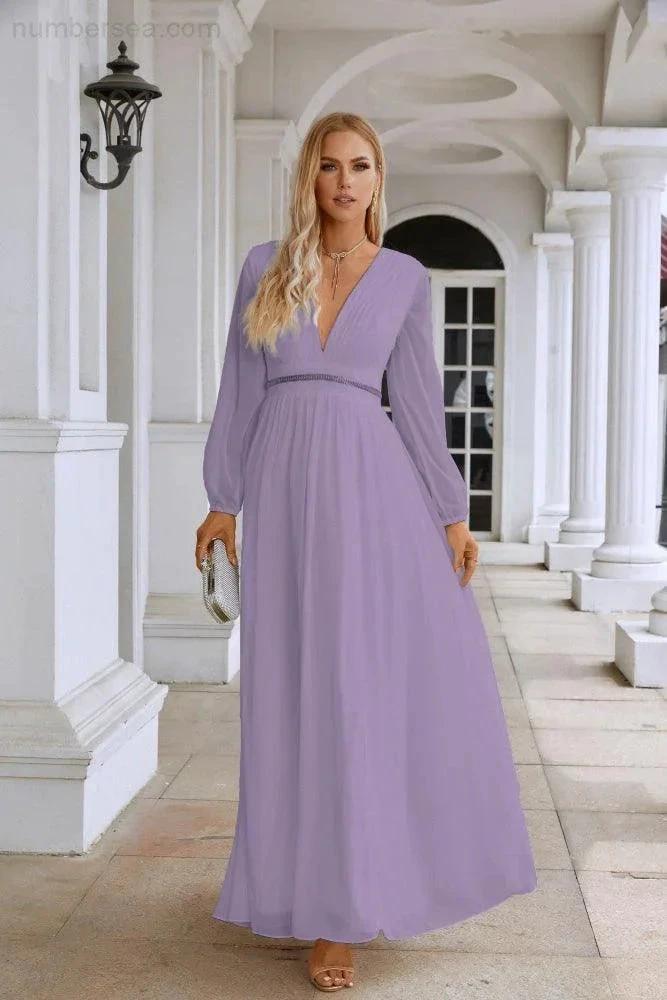 Ladies V Neck Chiffon Long Sleeve Front Slit Bridesmaid Evening Dress Wedding Party Shopping Evening Dress 28109 by numbersea
