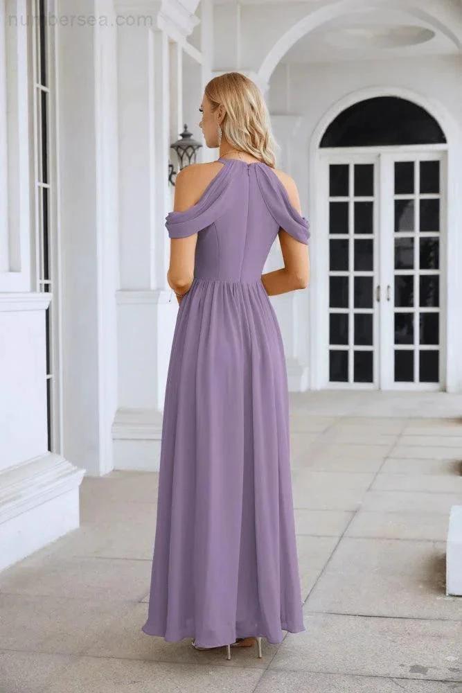 Ladies Chiffon Off Shoulder Swing Sleeve Front Slit Bridesmaid Evening Dress Wedding Party Evening Dress 28117 by numbersea