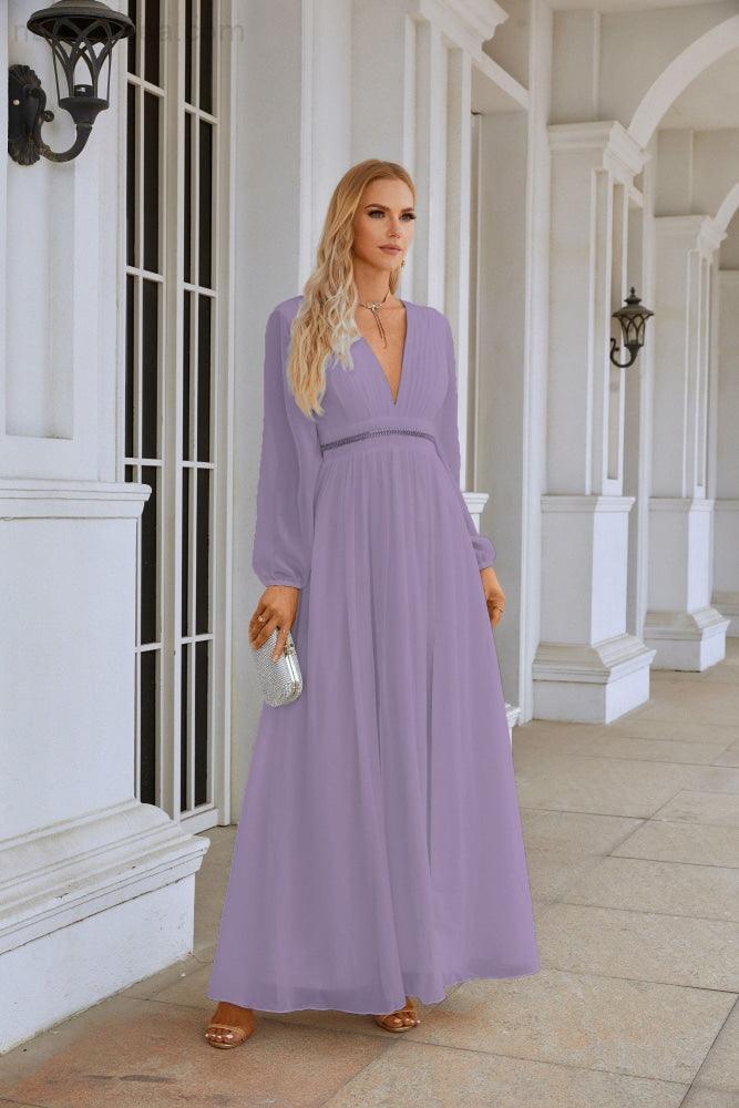 Ladies V Neck Chiffon Long Sleeve Front Slit Bridesmaid Evening Dress Wedding Party Shopping Evening Dress 28109 by numbersea