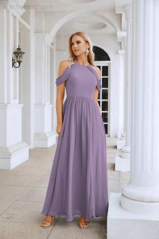 Ladies Chiffon Off Shoulder Swing Sleeve Front Slit Bridesmaid Evening Dress Wedding Party Evening Dress 28117 by numbersea