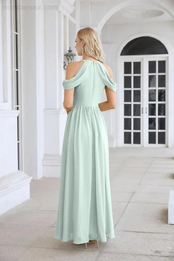 Ladies Chiffon Off Shoulder Swing Sleeve Front Slit Bridesmaid Evening Dress Wedding Party Evening Dress 28117 by numbersea