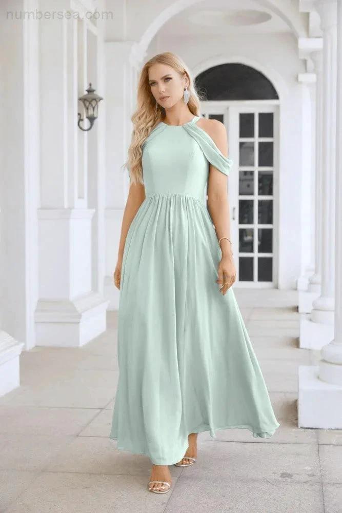 Ladies Chiffon Off Shoulder Swing Sleeve Front Slit Bridesmaid Evening Dress Wedding Party Evening Dress 28117 by numbersea
